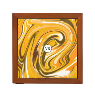 Yellow Black acrylic pour marble add name monogram Desk Organizer