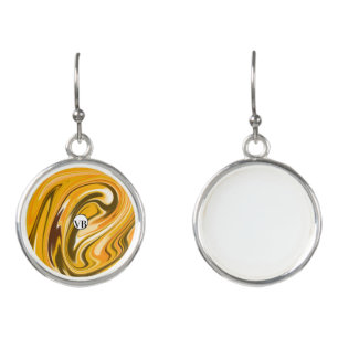 Yellow Black acrylic pour marble add name monogram Earrings
