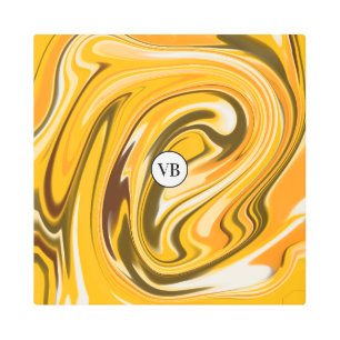 Yellow Black acrylic pour marble add name monogram Metal Print