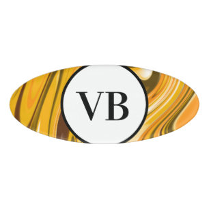 Yellow Black acrylic pour marble add name monogram Name Tag