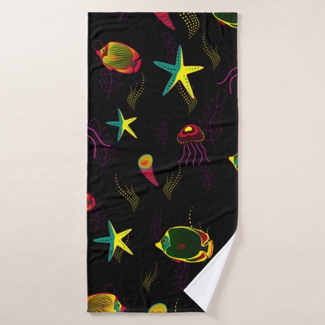 Yellow, black and brown fish seamless pattern. abs bath towel (Bath Towel)