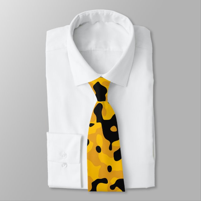 Yellow, Black, and Gold Camouflage Pattern Neck Tie (Tied)