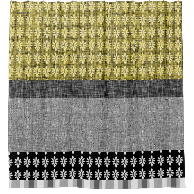 Yellow Black and Grey Digital Burlap Stripe Tile Shower Curtain (Front)
