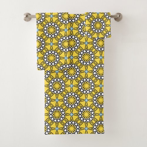 Yellow Black and White Moroccan Mosaic Pattern Bath Towel Set