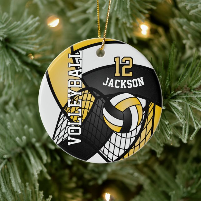 Yellow, Black and White Personalize Volleyball  Ceramic Ornament (Tree)