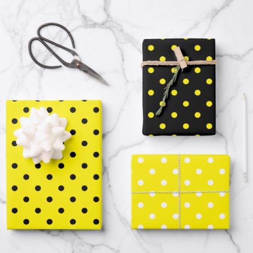 Yellow Black and White Polka Dot Bee Mix Wrapping Paper Sheets
