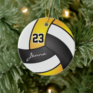 Yellow, Black and White Volleyball Ceramic Ornament