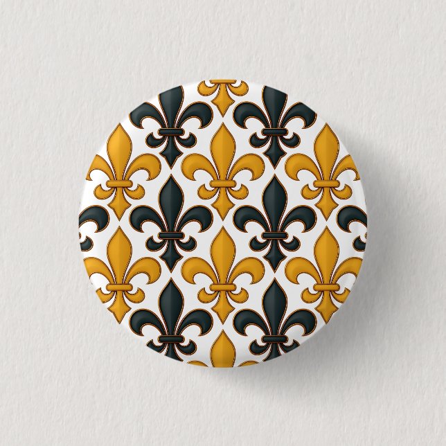 Yellow Black Baroque Fleur-de-lis Pattern Design  Button (Front)
