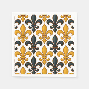 Yellow Black Baroque Fleur-de-lis Pattern Design Napkins