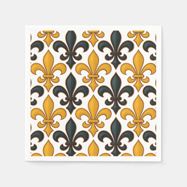 Yellow Black Baroque Fleur-de-lis Pattern Design  Napkins (Front)