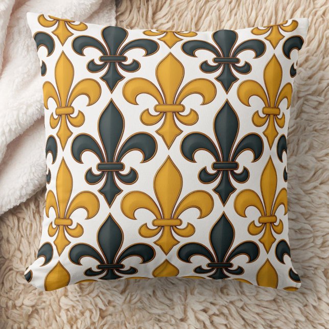 Yellow Black Baroque Fleur-de-lis Pattern Design  Throw Pillow (Creator Uploaded)