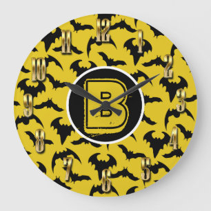 Yellow & Black Bats Halloween Large Clock