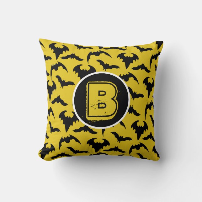 Yellow & Black Bats Halloween Throw Pillow (Front)