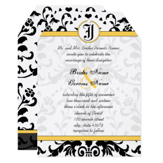 Yellow Black Bubble Bee Damask Wedding Invite