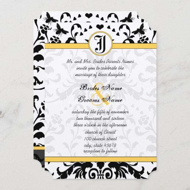 Yellow Black Bubble Bee Damask Wedding Invite (Front/Back)