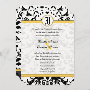 Yellow Black Bubble Bee Damask Wedding Invite