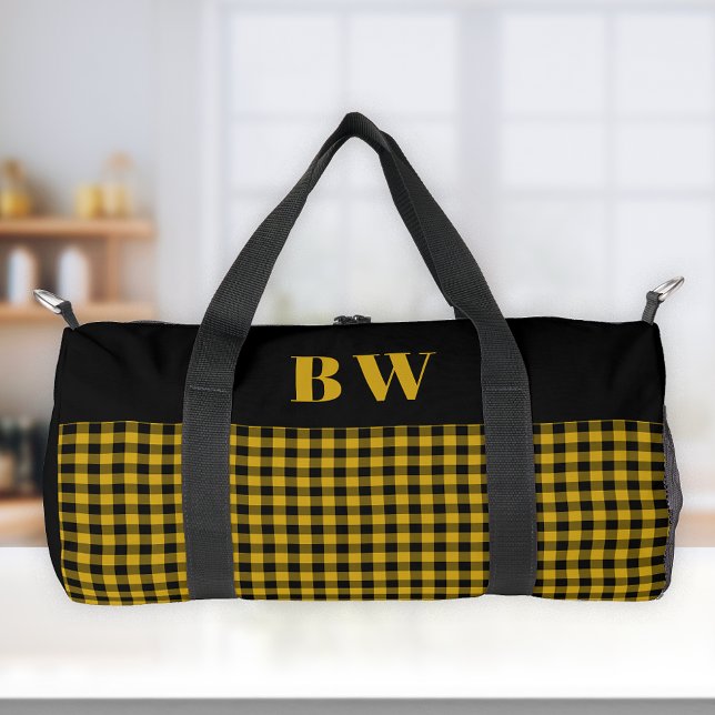 Yellow Black Buffalo Check Plaid Bold Monogram  Duffle Bag (Creator Uploaded)