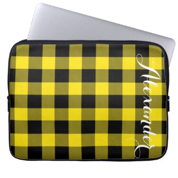 Yellow Black Buffalo Check Plaid Name Monogram Laptop Sleeve by FantabulousCases at Zazzle