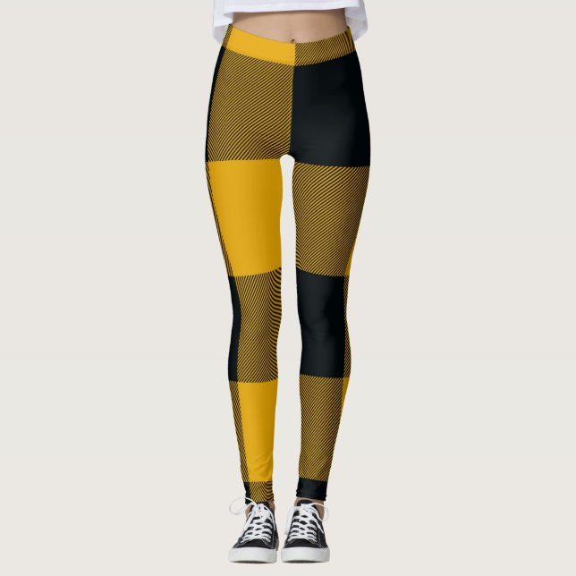 Yellow & Black Buffalo Plaid Checkered Leggings (Front)