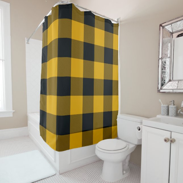 Yellow & Black Buffalo Plaid Checkered Rustic Shower Curtain (In Situ)