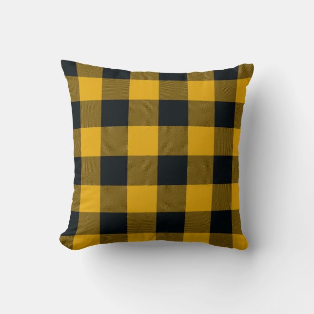 Yellow & Black Buffalo Plaid Checkered Rustic Throw Pillow (Front)