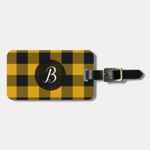 Yellow  Black Buffalo Plaid Checkered Squares Luggage Tag