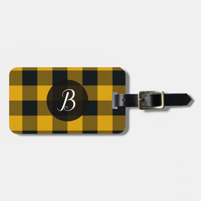 Yellow & Black Buffalo Plaid Checkered Squares Luggage Tag (Front Horizontal)