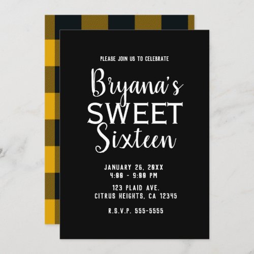 Yellow Black Buffalo Plaid Sweet 16 Birthday Party Invitation