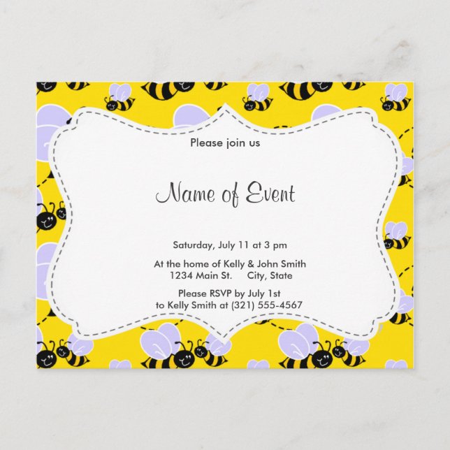 Yellow & Black Bumble Bee Invitation Postcard (Front)