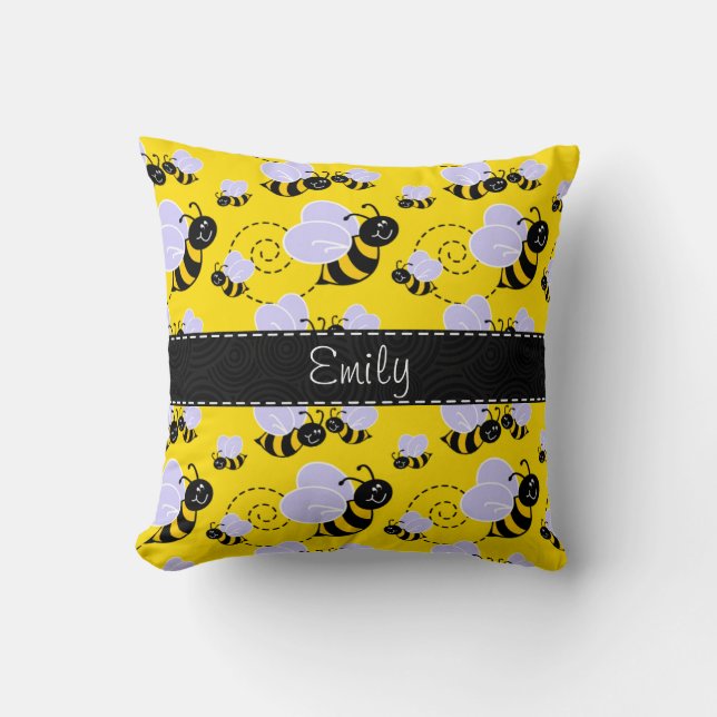 Yellow & Black Bumble Bee Throw Pillow (Front)