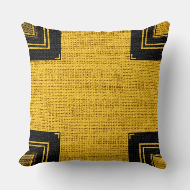 Yellow Black Burlap Linen Rustic Jute Throw Pillow (Front)