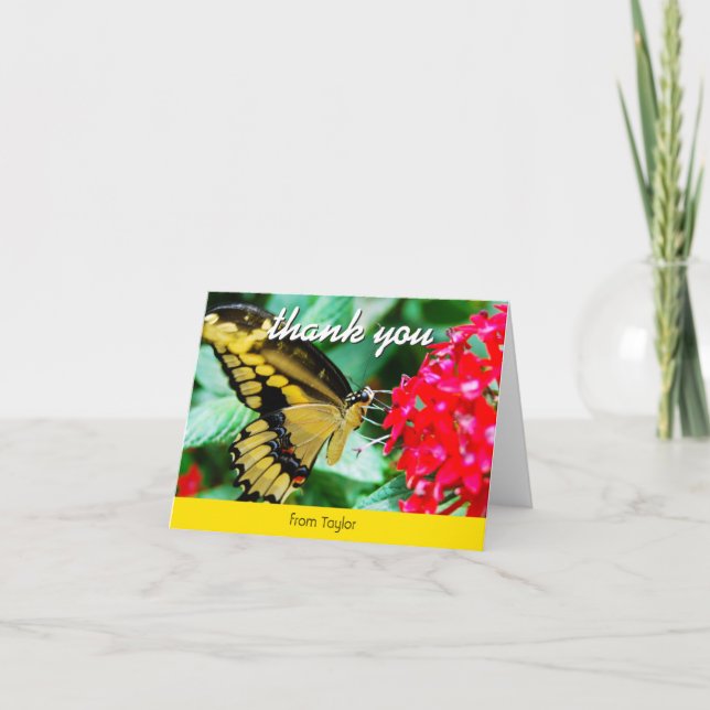 Yellow black butterfly photo script name modern thank you card (Front)
