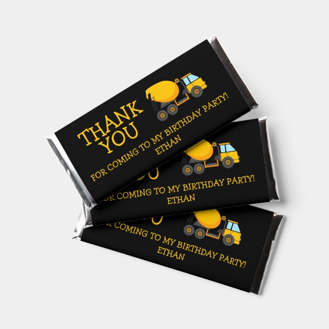 Yellow Black Cement Truck Child's Birthday  Hershey Bar Favors (Front)