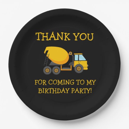 Yellow Black Cement Truck Childs Birthday Thanks Paper Plates