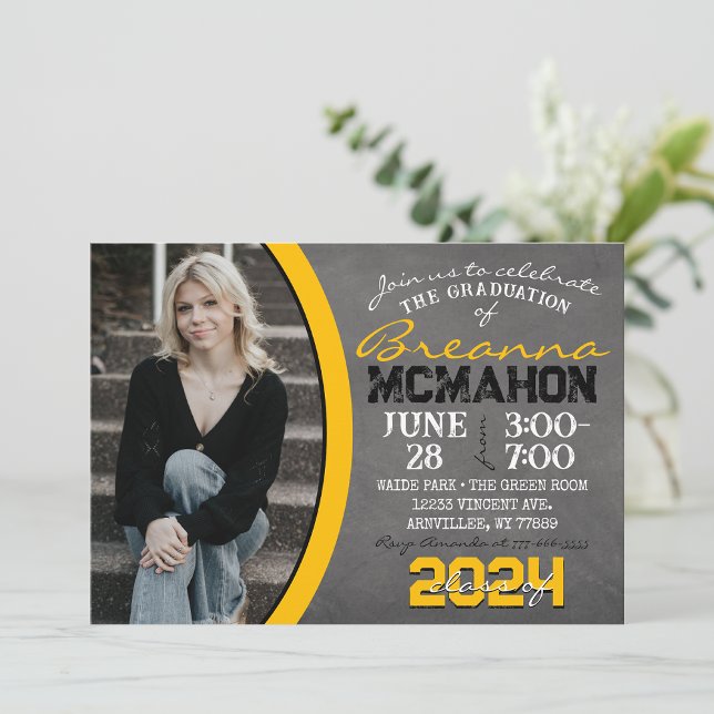 Yellow & Black Chalkboard Graduation Invitation (Golden Yellow and Black 1 Photo Chalkboard Graduation Invitation)