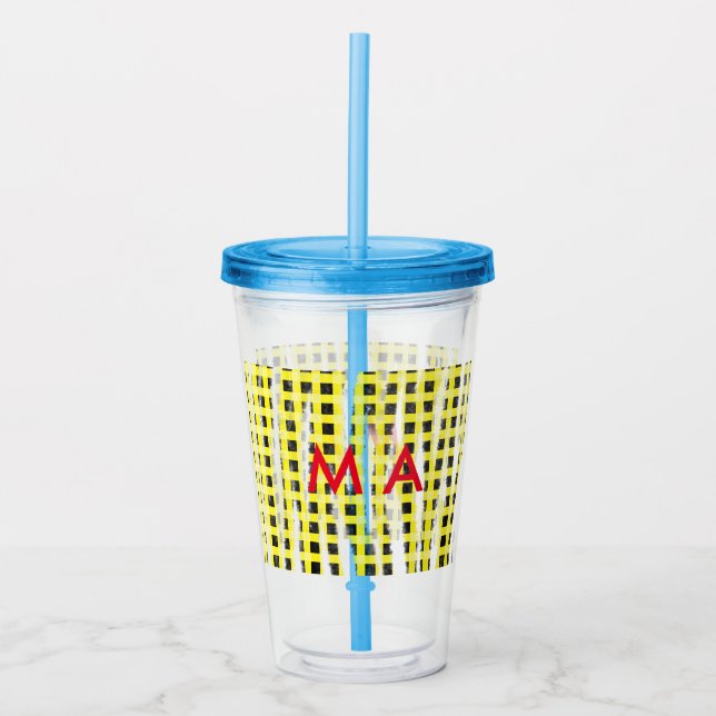 Yellow Black checkboard add name monogram name let Acrylic Tumbler (Front)