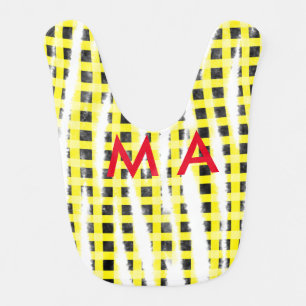 Yellow Black checkboard add name monogram name let Baby Bib