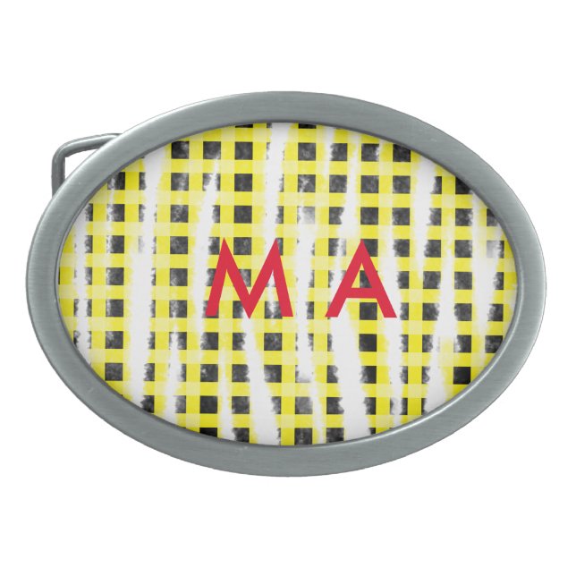 Yellow Black checkboard add name monogram name let Belt Buckle (Front)