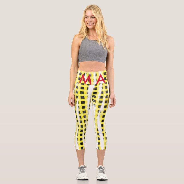 Yellow Black checkboard add name monogram name let Capri Leggings (Front)