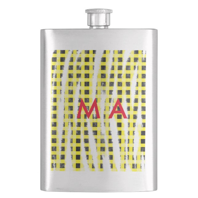 Yellow Black checkboard add name monogram name let Flask (Front)