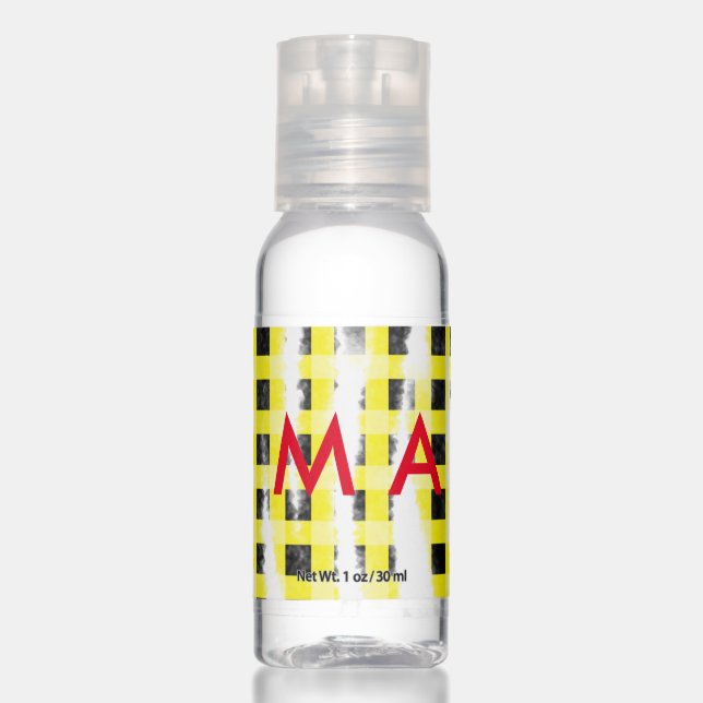 Yellow Black checkboard add name monogram name let Hand Sanitizer (Front)