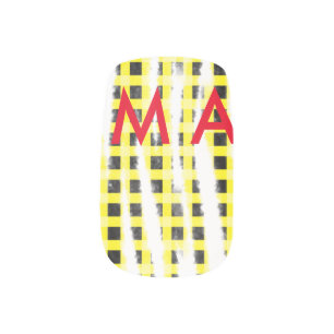 Yellow Black checkboard add name monogram name let Minx Nail Art