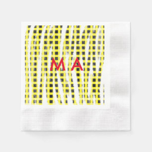 Yellow Black checkboard add name monogram name let Napkins