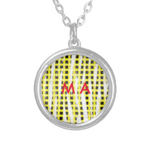 Yellow Black checkboard add name monogram name let Silver Plated Necklace