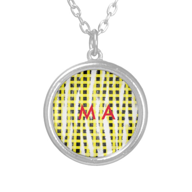 Yellow Black checkboard add name monogram name let Silver Plated Necklace (Front)