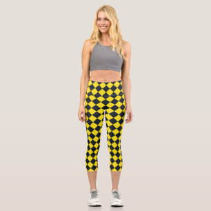 Yellow Black Checker Diamond Pattern Capri Leggings