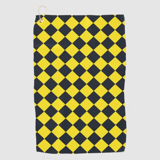Yellow Black Checker Diamond Pattern Golf Towel (Front)