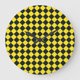 Yellow Black Checker Diamond Pattern Large Clock