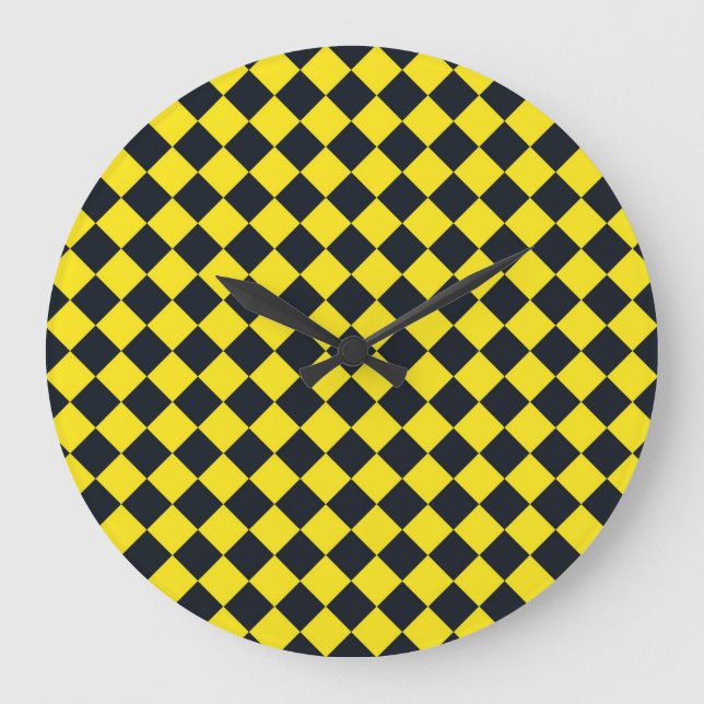 Yellow Black Checker Diamond Pattern Large Clock (Front)