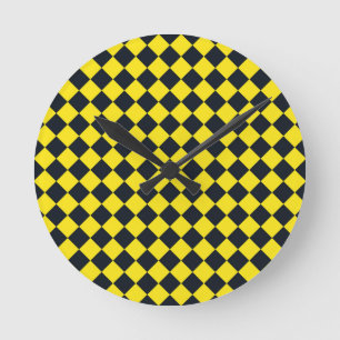 Yellow Black Checker Diamond Pattern Round Clock